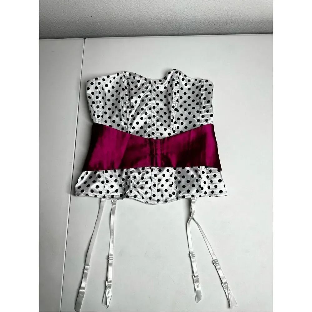 Frederick’s Of Hollywood White & Black Polka Dot Lace Up Corset Top Size M EUC